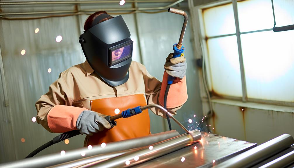 Wearing appropriate personal protective equipment (PPE) welding stainless steel tube
