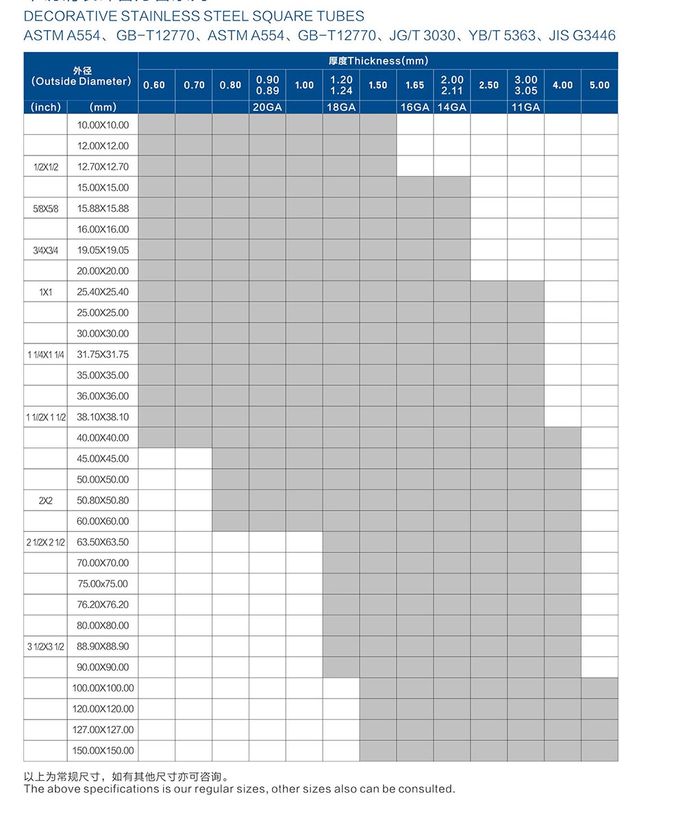 316 stainless steel square tube size list