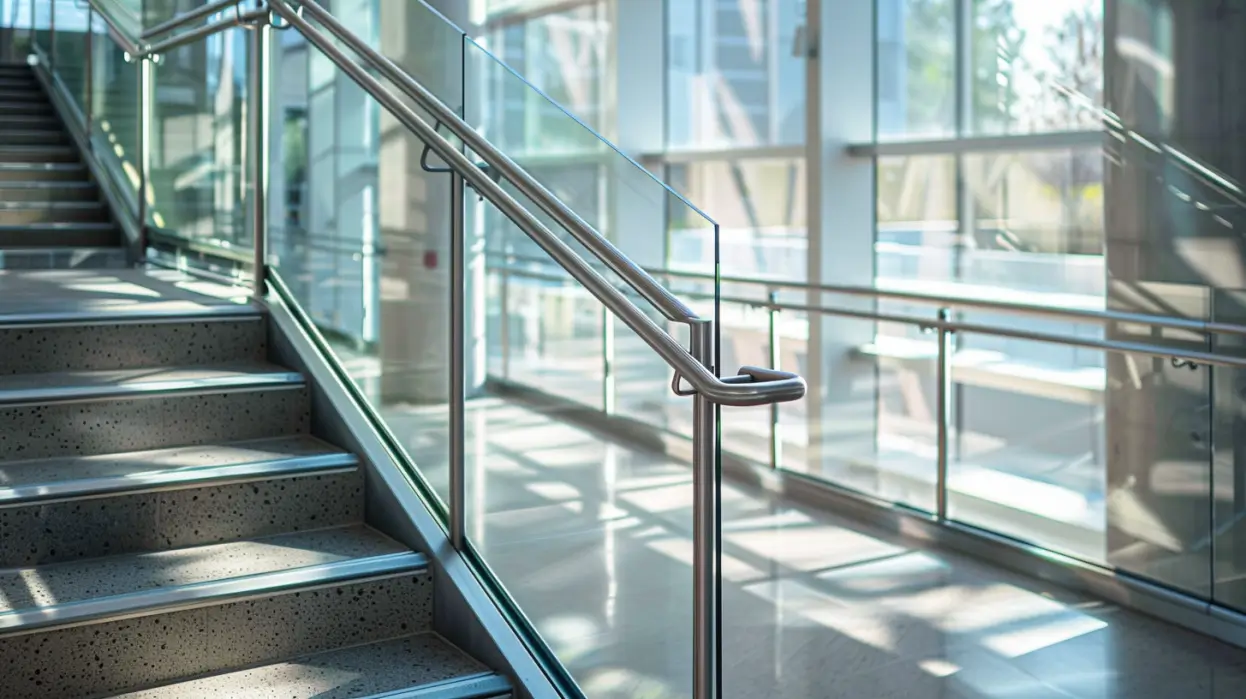 Modern stainless steel handrails with brushed No.4 finish in a commercial building