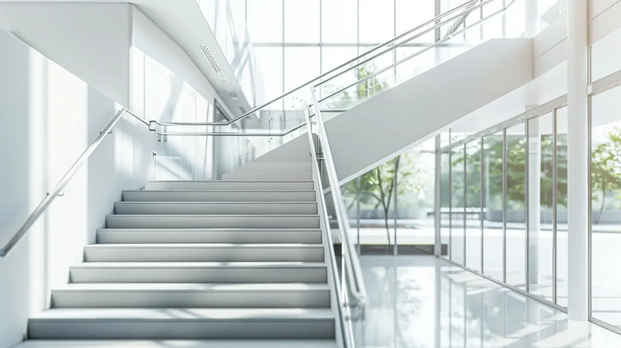 Modern staircase with brushed stainless steel handrails