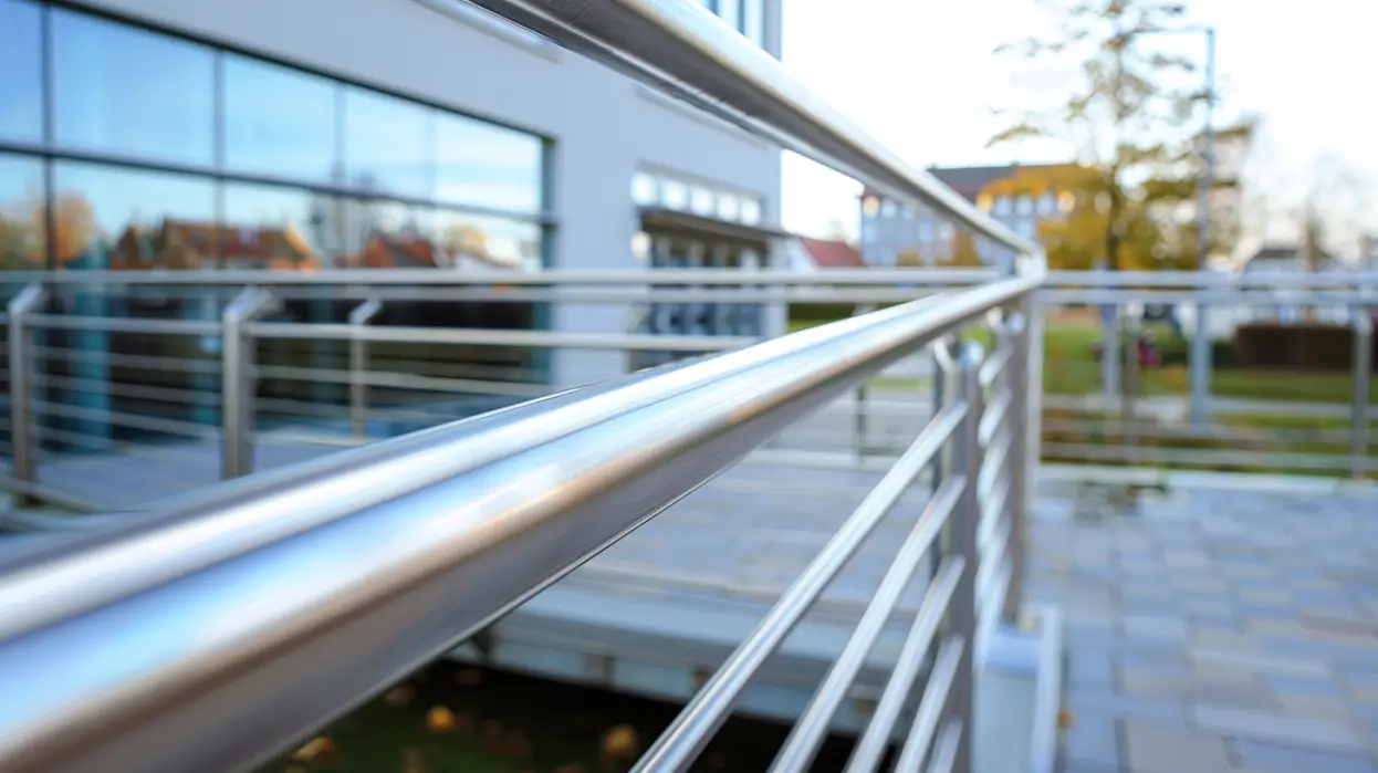 Brushed stainless steel marine railing on a dock by the sea