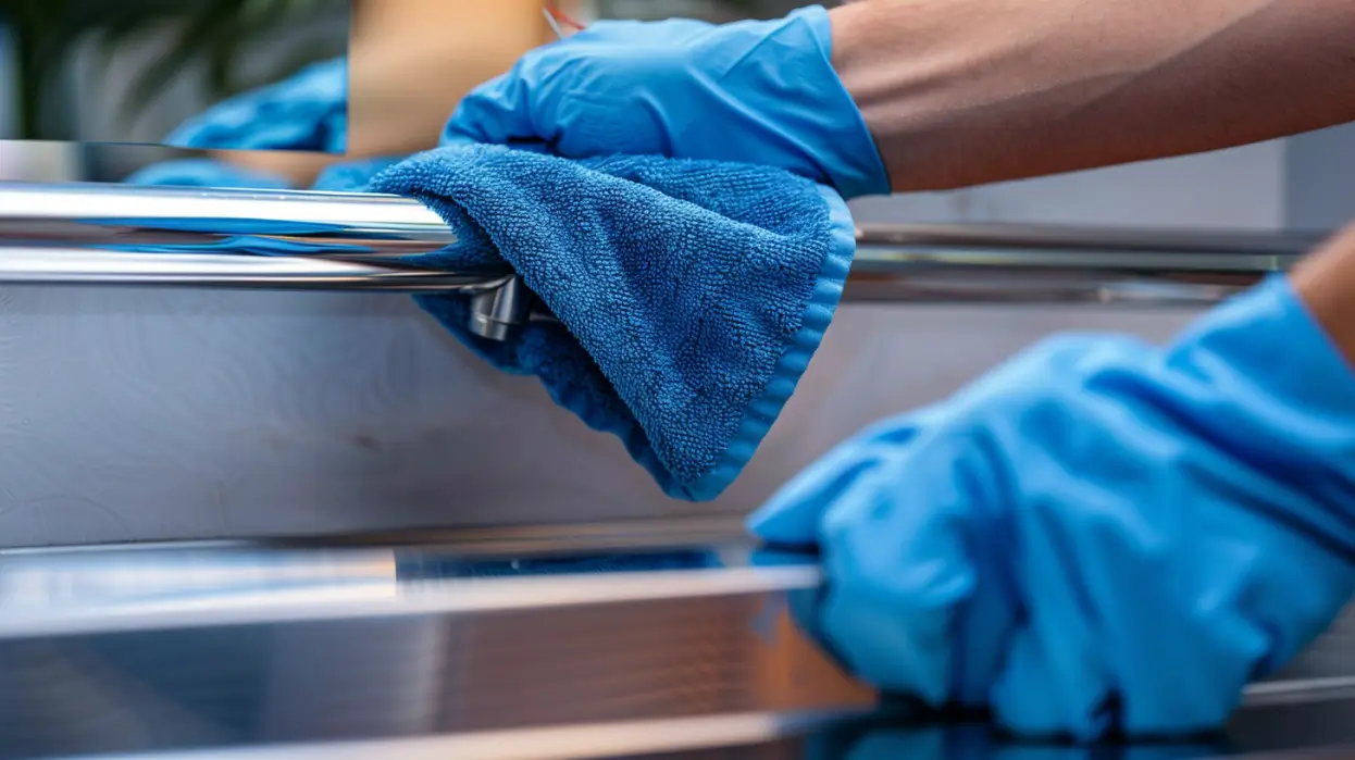 Cleaning mirror polished stainless steel tubing using a soft microfiber cloth.