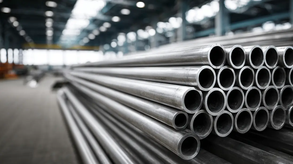 Rows of polished stainless steel tubes and pipes stacked in an industrial warehouse